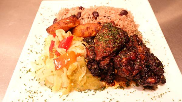 Jerk Wings (Spicy-6) (comes with rice & beans, cabbage, plantains)