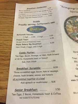 Breakfast menu