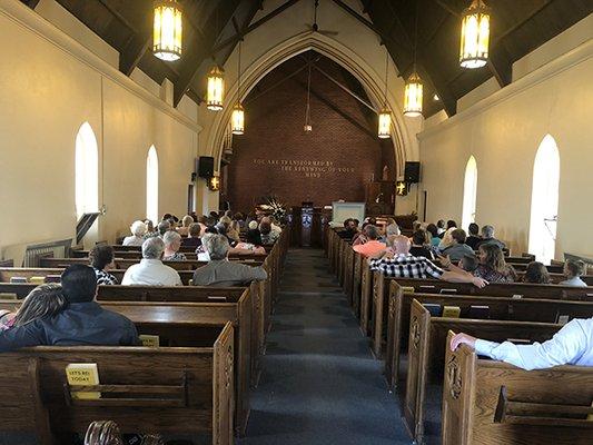 Inside the church building.