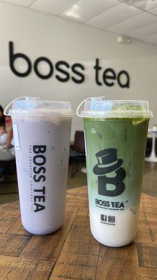 Taro milk tea & matcha latte (both non-dairy)