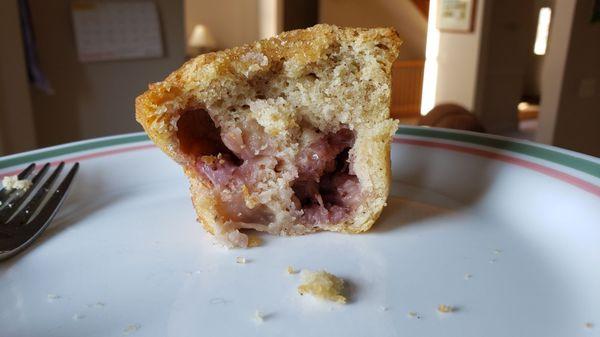 Interior of vegan strawberry muffin ($3). Moist and tasty.