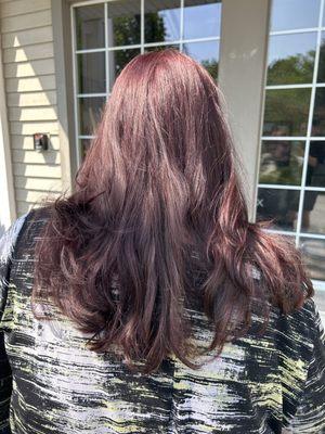 Long Round Layers and Aveda Permanent Intense Red