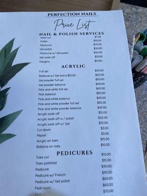 Service pricing list