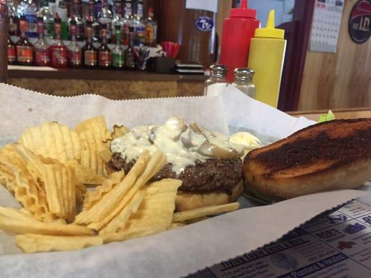 The palace burger. Mushrooms & Swiss with chips.