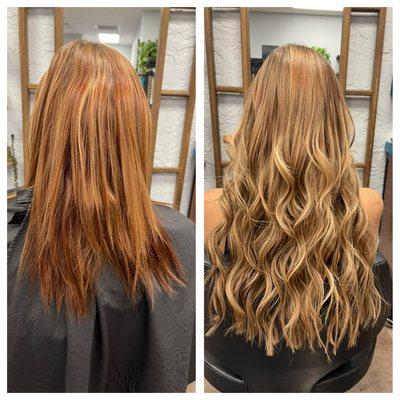 Client wanted to go lighter from being a redhead for the past year...color and 100 strands added.