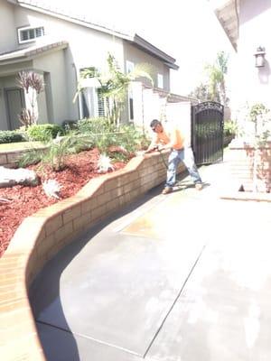 Slump block retaining wall with bullnose caps, planter under drip system grains covered with red mulch.