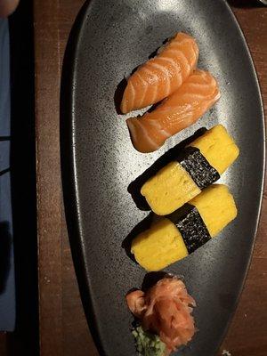 Tamago and salmon nigiri