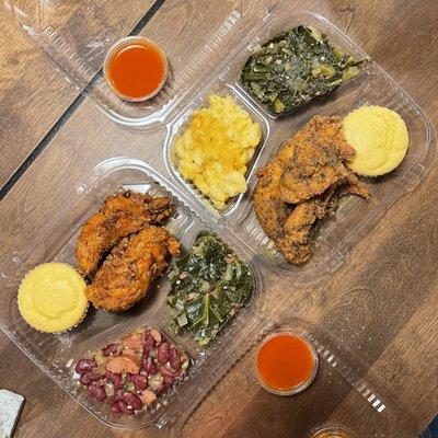 Chicken fingers, collard greens, cornbread, mac and cheese, red beans and rice