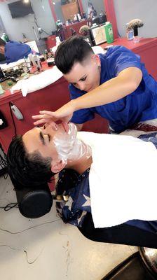 Anna giving Nate a hot towel shave!