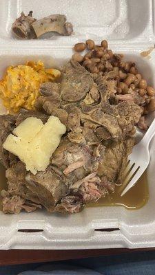 Pork neck bones, black eyed peas, and macaroni and cheese