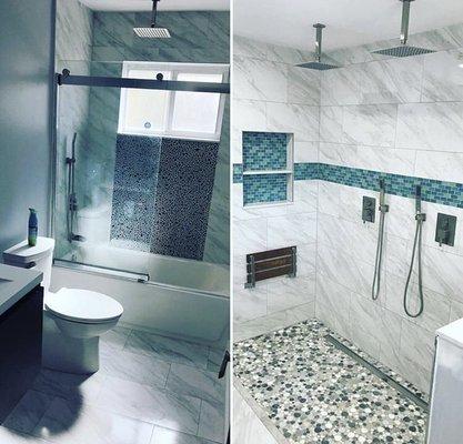 Combo picture of this double bathroom remodel