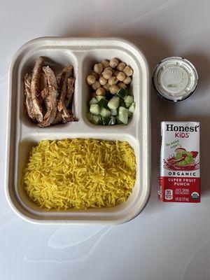 Kids chicken Shawarma rice bowl with organic juice box. It's a favorite.