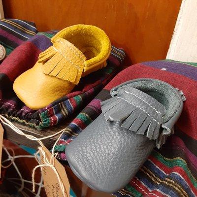 Baby and toddler leather moccasins. Handmade by our Vendor, RRR. $25.00 each.