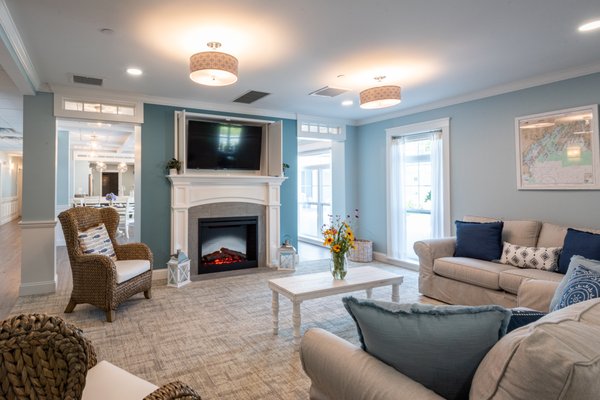 Living room at The Mooring at the Downs memory care home in Scarborough, ME