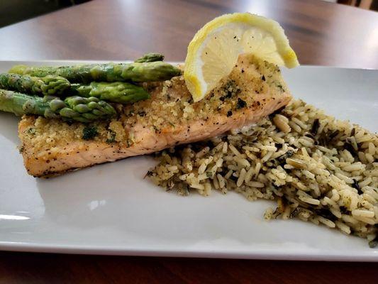 Parmesan Crusted Salmon, Asparagus and Wild Rice.