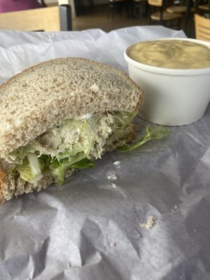 Chicken salad sandwich with cheesy potato soup