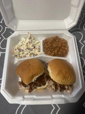 Pulled pork sandwiches with 2 sides