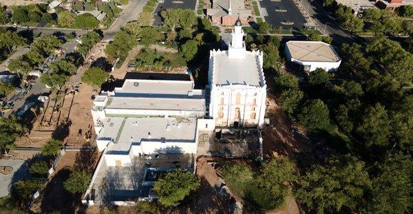 St George Utah Temple under renovation, aerial view by drone early afternoon