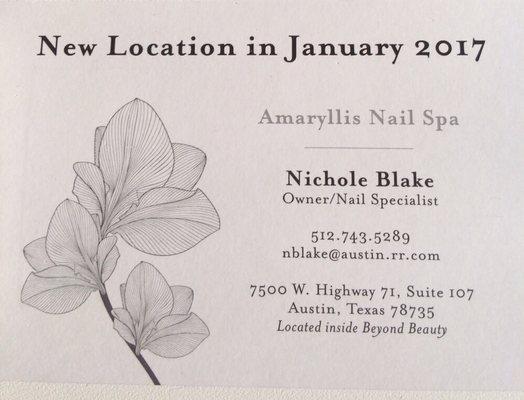 Nichole Blake, Nail Specialist/Technician has recently relocated from Cates & Company to Amaryllis Nail Spa in Oak Hill!