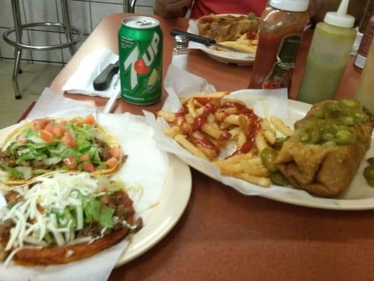 Beef Chimichanga, chicken sope & taco