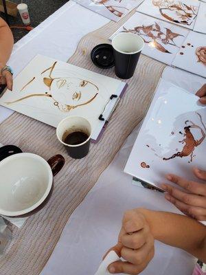 Coffee art - She draws/outlines everything freehand & then shades with coffee/espresso!  My nose led the way to her booth!  :)  09/14/19