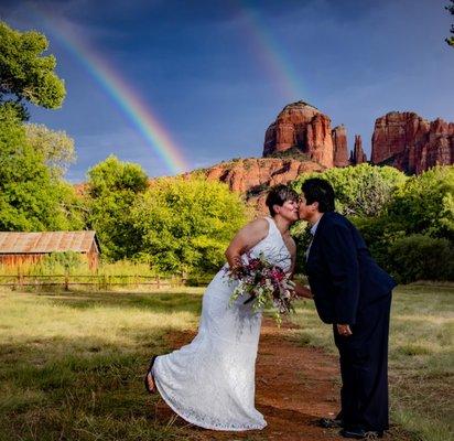 A double-rainbow blessed this wedding in the meadow at Crescent Moon Ranch!