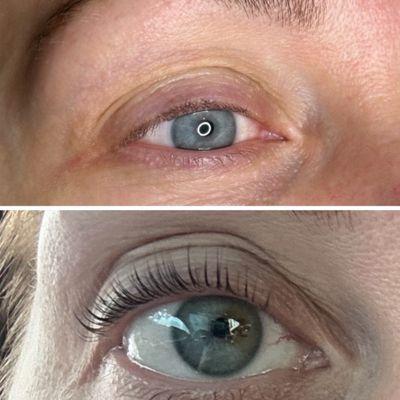 Before and immediately after lash lift and lash tint