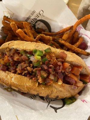 Elk sausage with bacon and pico de gallo