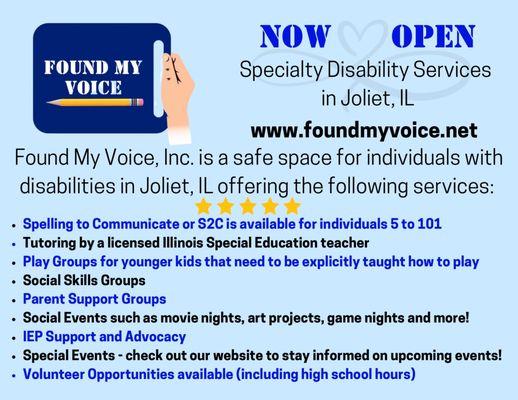 Found My Voice is a safe space for individuals with disabilities including those who are non-speaking and/or apraxic.