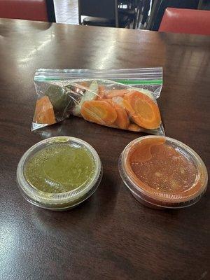 Carrots and jalapeños with their red and green sauce