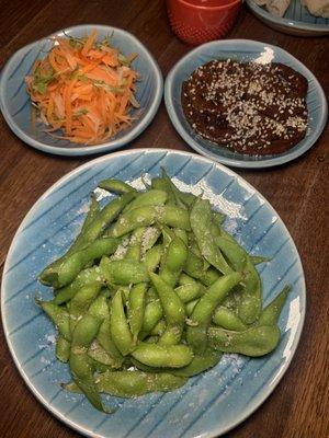 Steamed Edamame ($5), Sweet Pickled Carrot & Radish ($4), Sesame Soy Lotus Root ($5)