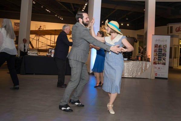 Mark Muthersbaugh and Valerie Salstrom teaching a jitterbug lesson at the Cleveland History Center.  Photo by Bob Perkowski.