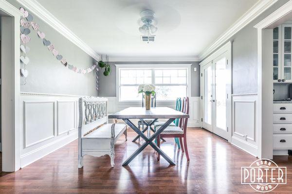 Custom steel and grey wash oak dining table.