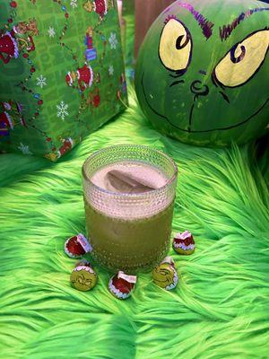 "The Grinch Steals Greenpoint"! A twist on a grasshopper with a hint of matcha. Hershey kisses for a snack