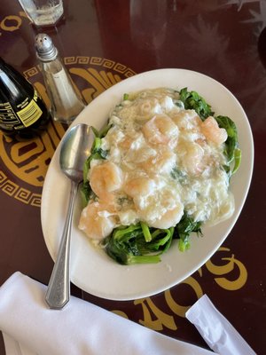 Shrimp with snow pea leaves