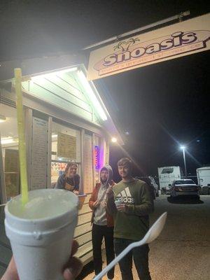 My friends the staff Alyssa and our snow cones. I got the Silver Fox.