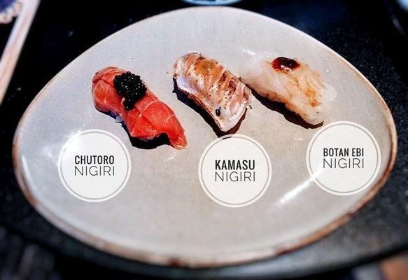 Chutoro Nigiri (Medium fatty Bluefin tuna), Kamasu Nigiri (Barracuda), Botan Ebi Nigiri (Spot Prawn)