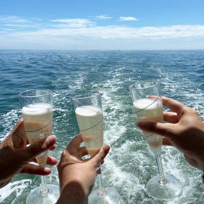 Three champagne glasses clinking with the ocean in the background.