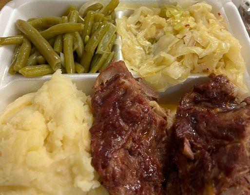 Smoked Neck bone, Green Beans, Mash Potatoes, and Cabbage