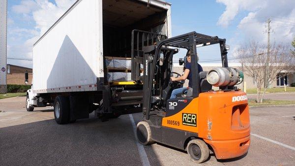 Loading box truck at warehouse