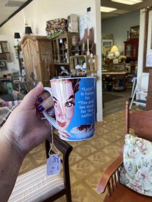 Cute, funny and vintage mugs by the complimentary coffee bar.