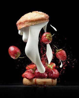 Strawberry shortcake splash by Seattle food photographer and director Steve Hansen