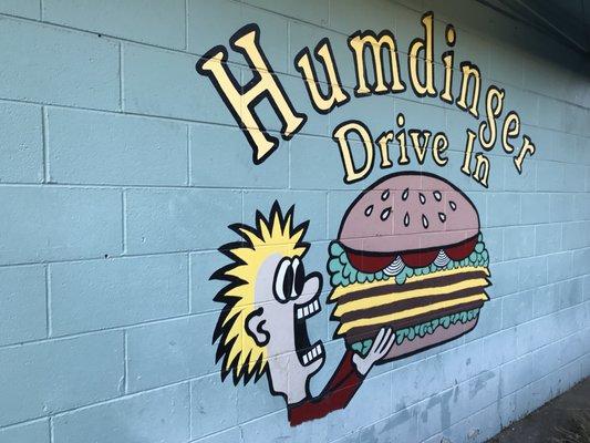 Outside signs, and yes, the "humdinger burger" is huge.