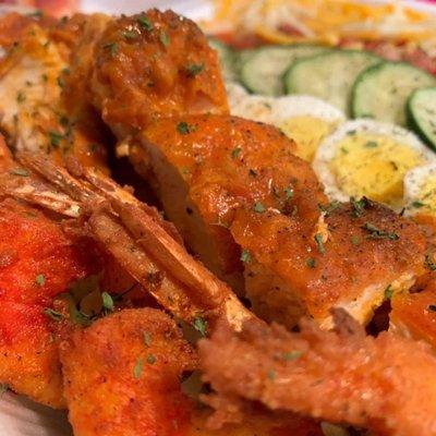 Overloaded crispy chicken and fried shrimp salad