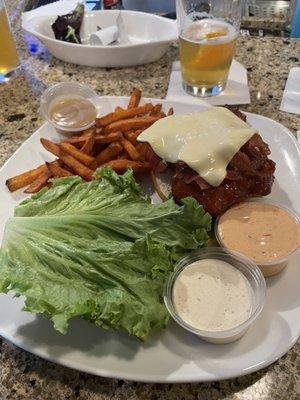 Nashville hot chicken sandwich with sweet potato fries! So good!!!