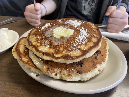 Chocolate chip pancakes- not an optical illusion- they are that big and delicious!