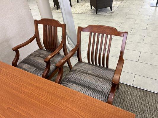 Seat cushions reupholstered in a beautiful, plaid fabric.