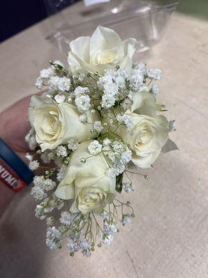 Corsage with White Spray Roses and Baby's breath.