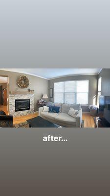 Seriously couldn't be happier with the results.  The updated stone surround, the new mantle and that weird doorway gone is amazing!