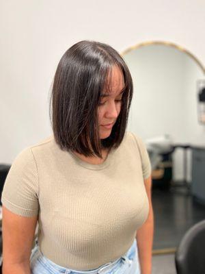 Crisp one length bob haircut with wispy micro bangs